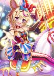  1girl animal_ear_fluff animal_ears armband bare_arms blonde_hair blurry blurry_background blush bokeh bow carousel chocomarybadend clothing_cutout club_(shape) commentary depth_of_field detached_sleeves diamond_(shape) dress facial_mark feet_out_of_frame fox_ears gloves hair_between_eyes hair_bow hair_ornament hat heart highres holding holding_pole hololive horse jester_cap layered_dress multicolored_hair navel navel_cutout neck_ribbon night omaru_polka outdoors outstretched_hand outstretched_leg petticoat pink_legwear pole purple_eyes red_gloves red_neckwear ribbon short_hair single_glove single_sleeve sitting skirt solo spade_(shape) star-shaped_pupils star_(symbol) streaked_hair striped striped_skirt symbol-shaped_pupils thighhighs upper_teeth virtual_youtuber x_hair_ornament 