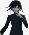  1boy bangs black_hair black_jacket black_shirt commentary_request danganronpa_(series) danganronpa_v3:_killing_harmony finger_to_mouth gloves grey_background hair_between_eyes hand_up index_finger_raised iumi_urura jacket long_sleeves looking_at_viewer male_focus ouma_kokichi pale_skin purple_eyes purple_hair shirt short_hair shushing simple_background smile solo upper_body 