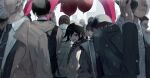  6+boys :d balloon bangs black_hair brown_coat checkered checkered_scarf coat collared_shirt commentary_request danganronpa_(series) danganronpa_v3:_killing_harmony earphones from_side grey_hair grey_sweater hair_between_eyes hat highres holding holding_balloon iumi_urura jacket long_sleeves looking_at_viewer male_focus mask mouth_mask multiple_boys necktie open_clothes open_jacket open_mouth ouma_kokichi outdoors people purple_eyes scarf shirt short_hair smile solo_focus straitjacket sweater upper_teeth 