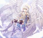  1girl angel angel_wings armor armored_dress bandages bangs blue_eyes breasts cloud eyebrows_visible_through_hair feathered_wings feathers floating hair_between_eyes halo high_heels holding holding_sword holding_weapon lkeris long_hair looking_at_viewer multiple_wings original seraph silver_hair sky solo sword thighhighs weapon wings 