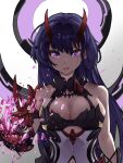  1girl bangs bare_shoulders black_legwear breasts cleavage crying crying_with_eyes_open highres honkai_(series) honkai_impact_3rd horns long_hair looking_at_viewer open_mouth purple_eyes raiden_mei raiden_mei_(herrscher_of_thunder) simple_background solo tearing_up tears white_background wow+ 