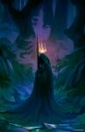  1boy anato_finnstark black_cloak cloak crown floating floating_object forest highres holding holding_sword holding_weapon hood hood_up hooded_cloak legendarium male_focus nature nazgul night outdoors scenery solo standing sword the_lord_of_the_rings tree weapon 