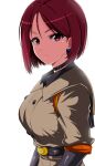  absurdres belt breasts brown_eyes brown_hair buttons highres looking_at_viewer military military_uniform okyou shiny short_hair the_king_of_fighters uniform whip_(kof) 