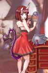  1girl absurdres black_bra blurry blurry_background bottle bra broken_horn brown_hair cauldron demon_girl demon_horns desk dress eriko_(princess_connect!) fur-trimmed_dress fur_trim heart heart-shaped_pupils heart_tail highres holding holding_ladle horns ladle looking_at_viewer looking_back princess_connect! purple_eyes red_dress short_hair solo spiked_tail subiyon symbol-shaped_pupils tail tongue tongue_out underwear 