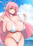  10eki_(tenchou) 1girl :d ahoge bikini blue_archive blush bow braid breasts green_eyes hair_bow hanako_(blue_archive) highres large_breasts long_hair navel ocean open_mouth pink_hair side_braid smile solo standing strap_pull swimsuit white_bikini 