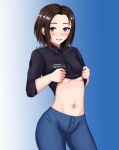  1girl black_shirt blue_eyes breasts brown_hair denim jeans llukik looking_at_viewer mole mole_under_eye pants samsung samsung_sam shirt short_hair small_breasts smile solo stomach 