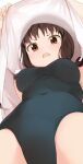 1girl armpits bangs breasts brown_eyes brown_hair clothes_lift covered_navel dot_nose eyebrows_visible_through_hair foreshortening from_below highres hiroki_(yyqw7151) iino_miko kaguya-sama_wa_kokurasetai_~tensai-tachi_no_renai_zunousen~ lifted_by_self looking_down low_twintails medium_breasts one-piece_swimsuit open_mouth see-through_silhouette simple_background solo swimsuit tied_hair twintails upper_teeth upshirt 