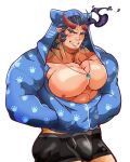  1boy abs absurdres alternate_costume bara bare_pectorals black_male_underwear blue_hoodie blue_jacket blush boxers broken_horn bulge bursting_pectorals dark-skinned_male dark_blue_hair dark_skin demon_horns facial_hair fang fiery_horns highres hood hood_up hoodie horns jacket jewelry kizami_nori_to_yamaimo large_pectorals long_sideburns looking_at_viewer male_focus male_underwear mature_male muscular muscular_male necklace nipples open_clothes open_jacket partially_unbuttoned pectorals short_hair sideburns solo stubble takemaru_(tokyo_houkago_summoners) thick_eyebrows tokyo_houkago_summoners underwear 