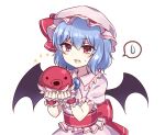  1girl :3 animal bat_wings blue_hair brooch commentary_request commission eyebrows_visible_through_hair fang fangs hat hat_ribbon highres holding holding_animal jewelry looking_at_viewer mob_cap octopus open_mouth pink_headwear pink_shirt pink_skirt red_eyes red_ribbon remilia_scarlet ribbon shirt short_hair short_sleeves simple_background skeb_commission skirt spoken_sweatdrop subaru_(subachoco) sweatdrop touhou upper_body white_background wings wrist_cuffs 
