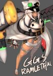  1girl abs absurdres bandages belt_buckle buckle clover dark-skinned_female dark_skin four-leaf_clover guilty_gear guilty_gear_strive hat highres o-ring ramlethal_valentine shorts thigh_strap unizama white_headwear yellow_eyes 