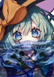  1girl black_headwear blue_eyes bow commentary_request crying crying_with_eyes_open green_hair hat hat_bow highres komeiji_koishi kyouda_suzuka long_hair looking_at_viewer partially_submerged portrait shirt solo sparkle tears touhou white_background yellow_bow yellow_shirt 