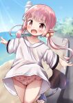  1girl :d bangs beach blurry blurry_background blush bow bow_panties brown_footwear cherry_panties cherry_print commentary_request day demon_tail depth_of_field eyebrows_visible_through_hair food_print hair_bobbles hair_ornament highres horizon lighthouse long_hair long_sleeves looking_at_viewer low_twintails mochiyuki ocean open_mouth original outdoors outstretched_arms panties pink_hair pink_panties pointy_ears print_panties red_eyes sandals shirt smile solo star_(symbol) star_print strawberry_panties strawberry_print tail twintails underwear very_long_hair water white_shirt wide_sleeves 