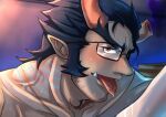 1boy absurdres bara beard broken_horn brown-framed_eyewear close-up collarbone completely_nude dark_blue_hair demon_boy demon_horns face facial_hair fang fiery_horns forked_eyebrows glasses highres horns huge_filesize kageru_(mofnyan) long_sideburns looking_at_viewer male_focus mature_male muscular muscular_male nude point_ears pointy_ears red_eyes saliva sexually_suggestive short_hair sideburns smug solo stubble takemaru_(tokyo_houkago_summoners) thick_eyebrows tokyo_houkago_summoners tongue tongue_out 
