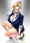  1girl absurdres anima_(togashi) black_choker black_footwear blonde_hair blue_eyes blue_jacket blue_skirt breasts choker cleavage closed_mouth commission formal glasses hair_bun heel_pop high_heels highres jacket large_breasts miniskirt office_lady original paper paper_stack pencil_skirt picking_up pink_nails semi-rimless_eyewear sidelocks skeb_commission skirt sleeves_rolled_up squatting suit thick_thighs thighs updo watch 