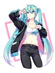  1girl absurdres bangs black_jacket black_pants blue_eyes blue_hair bra breasts cleavage collarbone cropped_legs esy eyebrows_visible_through_hair floating_hair hair_between_eyes hatsune_miku highres jacket long_hair long_sleeves looking_at_viewer medium_breasts midriff navel open_clothes open_jacket pants shiny shiny_hair solo sports_bra standing stomach twintails underwear very_long_hair vocaloid white_background white_bra 