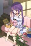  1girl :&lt; bare_shoulders barefoot character_request collarbone floral_print gochuumon_wa_usagi_desu_ka? goma-chan highres horizontal_stripes indoors long_hair mohei molcar needle potato_(pui_pui_molcar) pui_pui_molcar purple_eyes purple_hair scissors shounen_ashibe sitting solo striped stuffed_animal stuffed_toy tedeza_rize tippy_(gochiusa) 