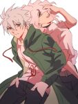  2boys back-to-back cosplay costume_switch crossover danganronpa_(series) danganronpa_2:_goodbye_despair green_eyes grey_hair hand_on_own_face hands_in_pockets highres komaeda_nagito looking_at_viewer male_focus multiple_boys nagisa_kaworu neon_genesis_evangelion red_eyes senbeikunxxx 