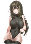  1girl :q bangs bare_arms blush breasts brown_eyes closed_mouth dano girls&#039;_frontline green_hair green_leotard heart highleg highleg_leotard highres large_breasts leotard licking_lips looking_at_viewer m4a1_(girls&#039;_frontline) multicolored_hair ribbed_leotard simple_background solo streaked_hair thighhighs tongue tongue_out white_background 