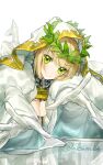  1girl ahoge akamakoto bangs blonde_hair blush breasts bridal_veil chain cleavage fate/extra fate/extra_ccc fate/grand_order fate_(series) gloves green_eyes hair_intakes head_wreath large_breasts lock long_hair looking_at_viewer nero_claudius_(bride)_(fate) nero_claudius_(fate)_(all) padlock smile solo veil white_sleeves 