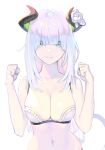  1girl absurdres bangs bare_shoulders bra breasts cleavage clenched_hands commentary_request demon_horns enkyo_yuuichirou flower frilled_bra frills hands_up highres horns large_breasts lips long_hair looking_at_viewer multicolored multicolored_eyes navel original rose shiny shiny_hair silver_hair solo underwear upper_body white_background white_flower white_rose 