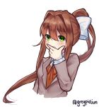  1girl bow brown_hair brown_vest doki_doki_literature_club emoji frown green_eyes greypidjun hair_bow hand_on_own_face highres jacket meme monika_(doki_doki_literature_club) ponytail red_neckwear school_uniform shirt sidelocks thinking_emoji upper_body vest white_bow white_shirt 