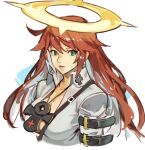  1girl ankh aria_(guilty_gear) bodysuit green_eyes guilty_gear guilty_gear_strive halo jack-o&#039;_valentine jewelry long_hair necklace portrait red_hair straight_hair uncle_rabbit_ii white_bodysuit 