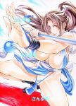  bangs blue_dress boots breasts brown_eyes brown_hair dress fan fatal_fury folding_fan hair_intakes hair_ornament high_ponytail large_breasts long_hair medium_breasts multiple_girls pelvic_curtain revealing_clothes shiranui_mai short_sleeves sideboob the_king_of_fighters thong tied_hair traditional_media underwear yqgkg 
