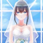  1girl bangs bare_shoulders black_hair blue_eyes blue_sky blush bouquet breasts bridal_veil cleavage collarbone dress earrings eyebrows_visible_through_hair fiatto029 floral_print flower idolmaster idolmaster_cinderella_girls idolmaster_cinderella_girls_starlight_stage jewelry large_breasts looking_at_viewer ocean pearl_earrings rose sagisawa_fumika see-through sky solo strapless strapless_dress sunlight veil water wedding wedding_dress white_dress window 