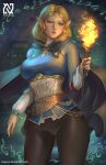  absurdres bangs blonde_hair blue_eyes blue_tunic blush braid breasts cape cowboy_shot fire hair_ornament hairclip highres holding holding_torch lips medium_breasts norman_de_mesa parted_bangs parted_lips pointy_ears princess_zelda short_hair the_legend_of_zelda the_legend_of_zelda:_breath_of_the_wild the_legend_of_zelda:_breath_of_the_wild_2 torch 
