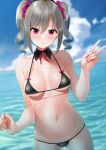  1girl bikini black_bikini blush breasts day drill_hair highres idolmaster idolmaster_cinderella_girls kanzaki_ranko long_hair looking_at_viewer medium_breasts micro_bikini navel ocean outdoors red_eyes shiny shiny_hair shiny_skin silver_hair solo standing strap_gap swimsuit tsunenorip twin_drills twintails underboob v wet 