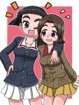  2girls ;d arm_around_neck bangs black_eyes black_hair blue_jacket blunt_bangs blunt_ends blush bob_cut border brown_eyes brown_hair brown_jacket chi-hatan_military_uniform commentary cosplay costume_switch flying_sweatdrops girls_und_panzer green_shirt hand_on_hip jacket long_sleeves looking_at_another military military_uniform miniskirt multiple_girls notice_lines one_eye_closed ooarai_military_uniform open_mouth outline outside_border parted_bangs pleated_skirt red_background sawa_azusa shirt short_hair skirt smile standing sweatdrop takahashi_kurage uenishi_chiyoko uniform white_border white_outline white_skirt yellow_skirt 