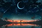  1other abisswalker8 cloud commentary crescent_moon gradient_sky grass highres looking_afar moon multicolored multicolored_sky night night_sky orange_sky original outdoors reflection scenery shooting_star sky star_(sky) starry_moon starry_sky sunset tree tree_shade water 