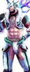  1boy abs alternate_costume animal_skull bara beard black_hair chest_hair clothing_cutout cross-laced_clothes crotchless crotchless_pants earrings facial_hair feet_out_of_frame golden_kamuy hairy highres hoop_earrings horns jewelry kiroranke looking_at_viewer male_cleavage male_focus mature_male midriff muscular muscular_male navel navel_hair necklace nipples over_shoulder pants pectorals scales short_hair single_horn solo stomach thigh_cutout thighs weapon weapon_over_shoulder zazuzamushi 