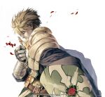  1boy armor artist_name bangs blonde_hair blue_cape blue_shirt breastplate cape closed_eyes closed_mouth commentary_request cross crusader_(ragnarok_online) dated_commentary ear_piercing floral_print gauntlets grandyoukan holding holding_shield korean_commentary long_sleeves pauldrons petals piercing ragnarok_online rose_print shield shirt short_hair shoulder_armor simple_background solo tabard upper_body watermark web_address white_background 