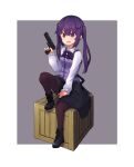  1girl :d black_footwear black_skirt collared_shirt crate full_body gochuumon_wa_usagi_desu_ka? grey_background gun highres holding holding_gun holding_weapon long_sleeves looking_at_viewer mohei open_mouth pantyhose purple_eyes purple_hair purple_vest rabbit_house_uniform shirt shoes simple_background sitting skirt smile solo tedeza_rize vest weapon white_shirt 