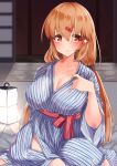  1girl absurdres bath_yukata breasts brown_hair cleavage commentary_request hair_ornament hairclip highres japanese_clothes kantai_collection kimono komb lamp large_breasts long_hair looking_at_viewer low_twintails parted_lips red_eyes sitting sliding_doors solo star_(symbol) striped striped_kimono tashkent_(kancolle) twintails wooden_floor yokozuwari yukata 