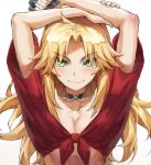  1girl black_choker blonde_hair breasts choker cleavage collarbone eyebrows_visible_through_hair fate/apocrypha fate_(series) fingernails highres long_hair looking_at_viewer medium_breasts mordred_(fate) mordred_(fate)_(all) red_shirt revision shirt simple_background smile solo tied_shirt tonee upper_body white_background 