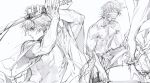  arm_up bandaged_head bandages bandaid bare_pectorals collarbone fingernails haban_(haban35) hands highres holding holding_sword holding_weapon katana long_sleeves male_focus monochrome multiple_boys muscular original pectorals shirtless simple_background sketch sword weapon white_background wide_sleeves 
