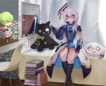  2girls ? absurdres ai-chan_(honkai_impact) alternate_costume bangs bed birthday black_footwear blue_eyes book book_on_head bookshelf cape chair chibi curtains glasses gloves hair_between_eyes halfmoe happy_birthday hat highres honkai_(series) honkai_impact_3rd indoors jpeg_artifacts long_sleeves looking_at_viewer multiple_girls necktie object_on_head open_mouth pillow shorts side_ponytail sitting smile stuffed_animal stuffed_toy table theresa_apocalypse theresa_apocalypse_(celestial_hymn) white_hair 