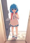  1girl :d absurdres aoi_tori backpack bag bangs bare_arms bare_shoulders blue_eyes blue_footwear blue_hair blurry blurry_foreground blush commentary_request depth_of_field dress eyebrows_visible_through_hair fang hair_between_eyes hand_up highres holding_strap hood hood_down hooded_dress looking_at_viewer open_door open_mouth original sandals sleeveless sleeveless_dress smile solo standing teru-chan_(aoi_tori) white_background white_dress 