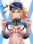  1girl ahoge artoria_pendragon_(all) bangs baseball_cap bikini blue_eyes blue_headwear blue_jacket blush breasts cleavage cropped_jacket fate/grand_order fate_(series) hair_through_headwear hat jacket large_breasts long_hair long_sleeves looking_at_viewer milestone_celebration mysterious_heroine_xx_(fate) navel ponytail shrug_(clothing) smile solo sterben swimsuit white_bikini wristband 