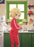  1girl blonde_hair blush cress dishes faucet gochuumon_wa_usagi_desu_ka? highres indoors jacket jersey kirima_sharo kitchen looking_at_viewer looking_back mohei oven_mitts pitcher plant pot red_track_suit refrigerator scissors sink solo striped striped_legwear track_jacket track_suit vertical-striped_legwear vertical_stripes window 