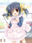  1girl ;d apron blazer blue_hair blue_jacket brown_eyes clannad collared_shirt commentary_request cowboy_shot dress_shirt frilled_apron frills hair_ribbon highres hinata_nonoka jacket kitchen ladle long_hair looking_at_viewer one_eye_closed open_mouth ribbon saucer shirt smile solo sunohara_mei twintails white_apron white_shirt yellow_ribbon 