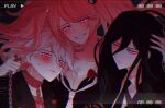  3girls ahoge bangs bear_hair_ornament black_hair black_jacket blush bow bra breasts chain collar collarbone collared_shirt commentary_request danganronpa:_trigger_happy_havoc danganronpa_(series) danganronpa_2:_goodbye_despair danganronpa_another_episode:_ultra_despair_girls enoshima_junko grey_hair grin hair_between_eyes hair_ornament hand_up heart holding holding_chain jacket kamukura_izuru komaeda_nagito long_hair looking_at_viewer metal_collar multiple_girls nail_polish necktie open_clothes open_jacket pale_skin pink_eyes polka_dot polka_dot_bow porary recording red_bow shirt smile striped striped_shirt sweatdrop twintails underwear 