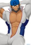  1boy abs archie_(pokemon) arms_behind_head bara beard black_eyes black_hair blue_bandana bodysuit bulge commentary covered_nipples dark-skinned_male dark_skin facial_hair highres large_pectorals long_sleeves looking_at_viewer male_cleavage male_focus mature_male miqi_(nnaf3344) muscular muscular_male mustache navel nipples official_alternate_costume open_bodysuit pectorals pokemon pokemon_(game) pokemon_masters_ex short_hair solo stomach torn_bodysuit torn_clothes white_bodysuit 