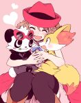  1girl :d amezawa_koma black_legwear blue_neckwear blue_ribbon blush boots facing_viewer fennekin fingernails gen_6_pokemon hat heart interlocked_fingers neck_ribbon open_mouth own_hands_together pancham pink_background pokemon pokemon_(anime) pokemon_(creature) pokemon_xy_(anime) red_headwear ribbon serena_(pokemon) sitting smile thighhighs 