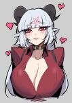  1girl absurdres animal_ears bangs baphomet_(grizz) black_horns blunt_bangs blush breasts bright_pupils check_copyright choker cleavage collared_shirt copyright_request demon_girl funaya_(a2brasd) goat_horns grey_background heart helltaker highres horns huge_breasts long_hair looking_at_viewer parted_lips red_eyes red_shirt shirt simple_background smile solo sweat thick_eyebrows upper_body white_hair 