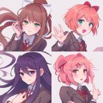  4girls blue_eyes blush bow brown_hair commentary doki_doki_literature_club fang green_eyes hair_bow hair_ornament hairclip hand_up highres index_finger_raised long_hair long_sleeves looking_at_viewer m1stm1 monika_(doki_doki_literature_club) multiple_girls natsuki_(doki_doki_literature_club) neck_ribbon open_mouth orange_hair parted_lips pink_eyes pink_hair ponytail portrait purple_eyes purple_hair red_bow red_neckwear ribbon sayori_(doki_doki_literature_club) school_uniform short_hair simple_background smile two_side_up upper_body upper_teeth white_background white_ribbon x_hair_ornament yuri_(doki_doki_literature_club) 