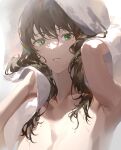  1girl bad_arm brown_hair fajyobore green_eyes highres holding holding_towel light_particles looking_at_viewer mole mole_under_eye nude open_mouth original smile solo towel towel_on_head water wet wet_hair 