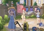  &gt;_&lt; 3girls arm_up bare_shoulders blue_dress braid bucket closed_eyes collarbone day dress fang garden gloves gochuumon_wa_usagi_desu_ka? hat horizontal_stripes hose jouga_maya kafuu_chino mohei multiple_girls natsu_megumi open_mouth outdoors red_hair shorts skin_fang striped sweatdrop tippy_(gochiusa) tree water window yellow_dress 